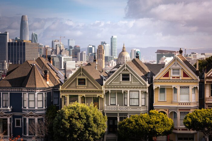 Poster Painted Ladies houses and San Francisco's skyline at the back, California State, United States.