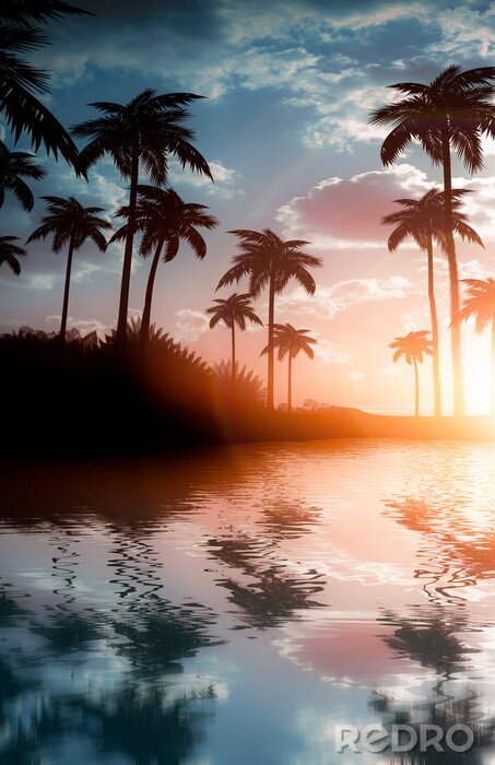 Poster Palmbomen bij zonsondergang weerspiegeld in het water