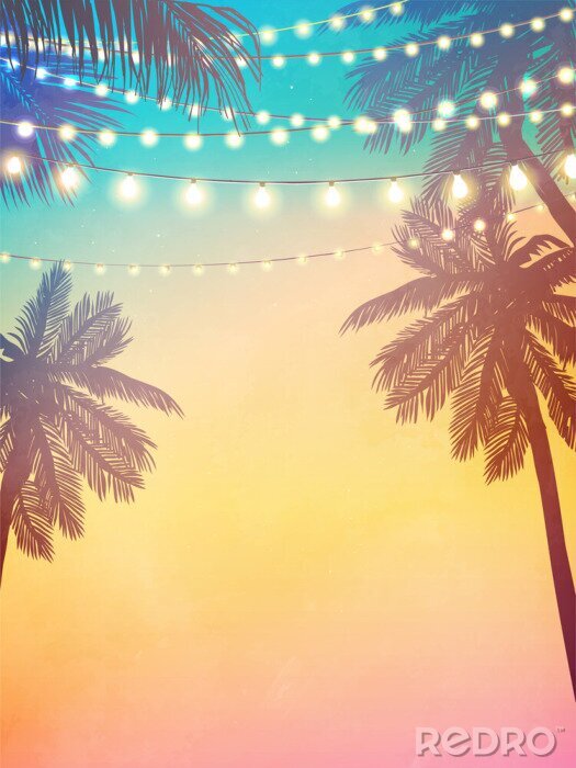 Poster Palmbomen en lampen bij zonsondergang