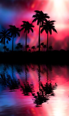 Poster Palmbomen op een roze achtergrond boven het water