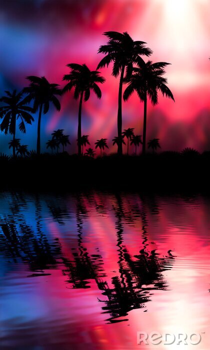 Poster Palmbomen op een roze achtergrond boven het water