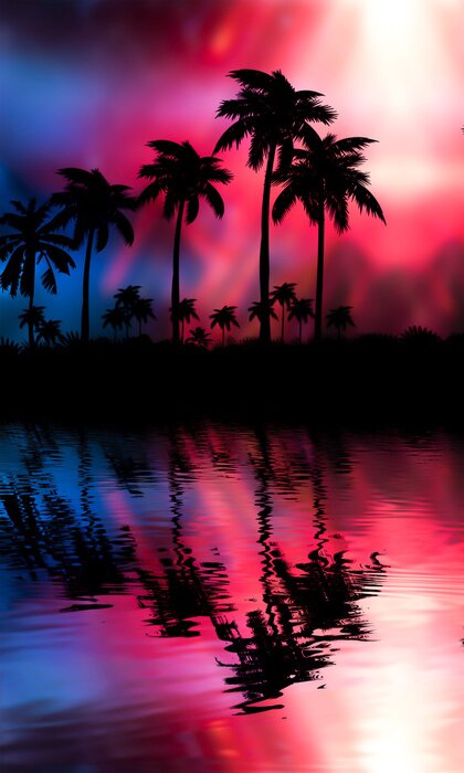 Poster Palmbomen op een roze achtergrond boven het water
