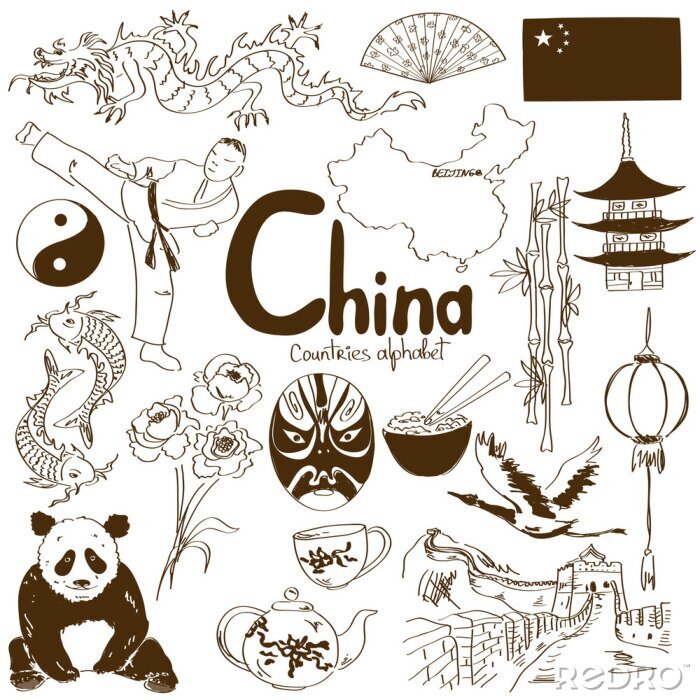 Poster Panda en symbolen van China