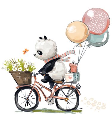 Panda op een fiets met een mandje en ballonnen
