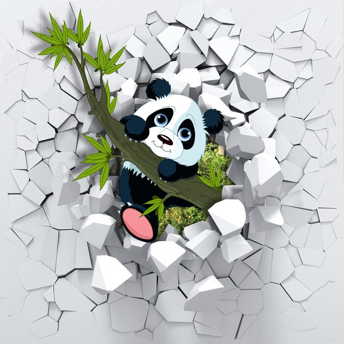 Poster Panda op een tak die door de muur breekt