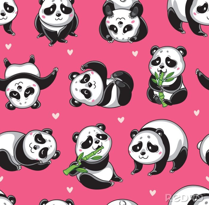Poster Panda's met bamboe op een roze achtergrond