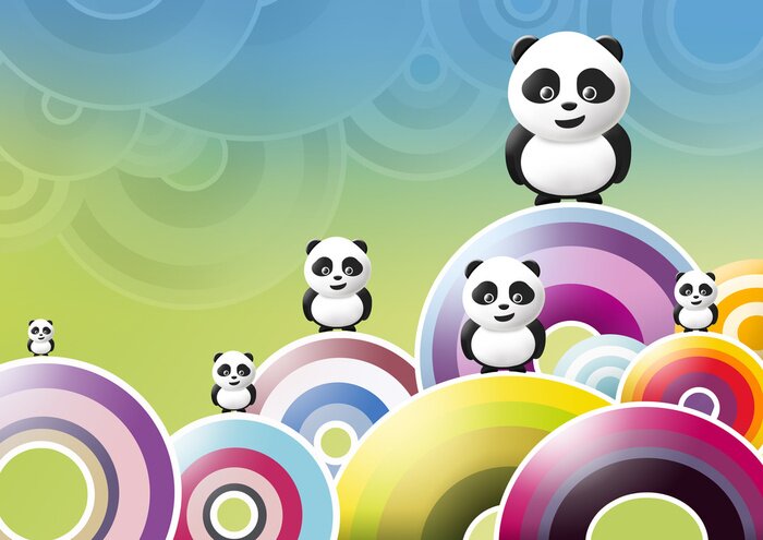 Poster Panda's tussen de regenboog