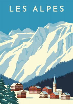 Poster Panorama van bergen in retrostijl