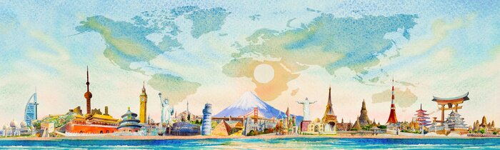 Poster Panorama van beroemde wereldmonumenten