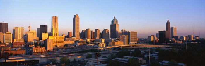 Poster Panorama van de stad en de zonsondergang