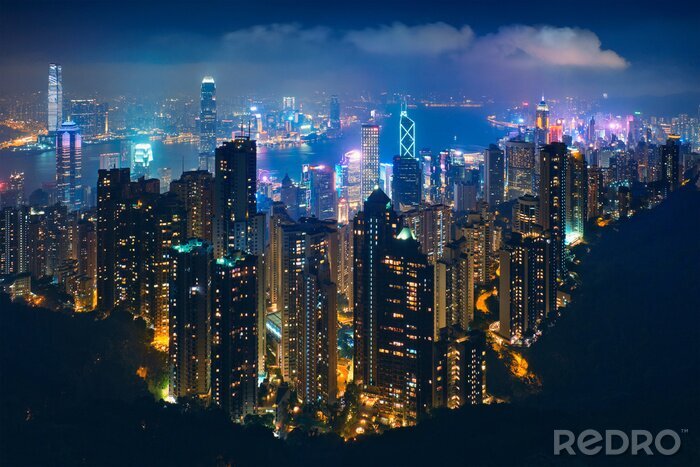 Poster Panorama van de stad 's nachts