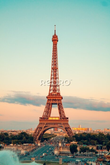 Poster Panorama van Parijs op een zonnige avond