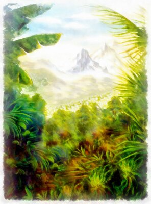 Posters panoramatic view on tropical landscape with abundant plantation and mountain on the background, painting with graphic effect.