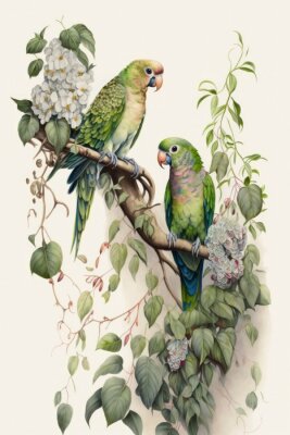 Poster Papegaaien in groen struikgewas