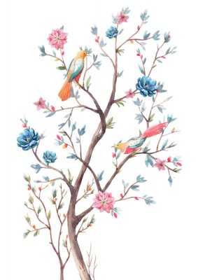Poster Paradijselijke boom met bloemen en vogel