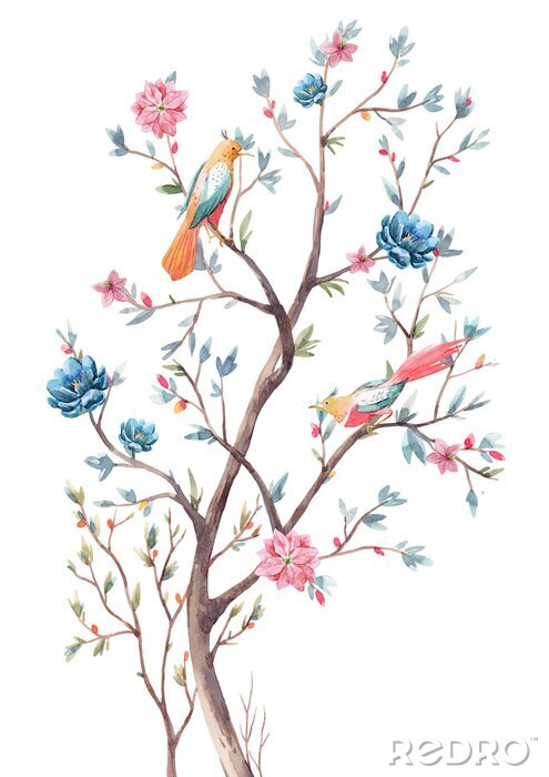 Poster Paradijselijke boom met bloemen en vogel