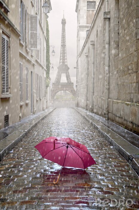 Poster Paraplu in regenachtig Parijs