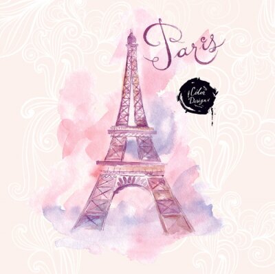 Poster Parijs aquarel op een roze achtergrond