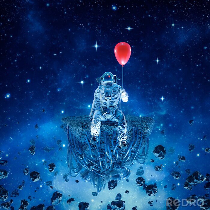 Poster Party of one / 3D illustration of surreal science fiction scene with astronaut sitting on artificial asteroid holding red balloon in outer space