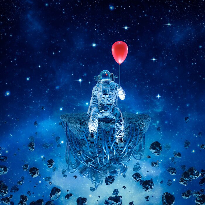 Poster Party of one / 3D illustration of surreal science fiction scene with astronaut sitting on artificial asteroid holding red balloon in outer space