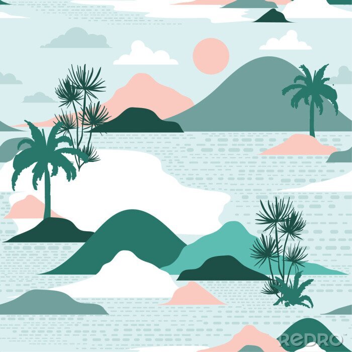 Poster Pastel and sweet  silhouette of palm tree,beach,mountain on modern paper cut style seamless pattern vector design for fashion,fabric,and all prints