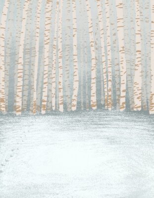 Poster pastel kleuren illustratie van de winter berkenbos achtergrond en textuur