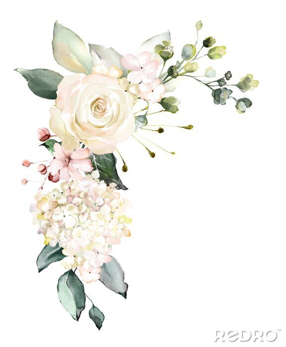 Poster Pastelcompositie met bloemen en bladeren