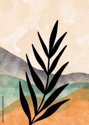 Poster Pastelkleurig landschap met een blad op de voorgrond