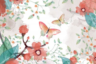 Poster Pastelkleurige vlinders en rode bloemen