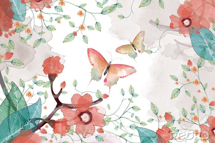 Poster Pastelkleurige vlinders en rode bloemen