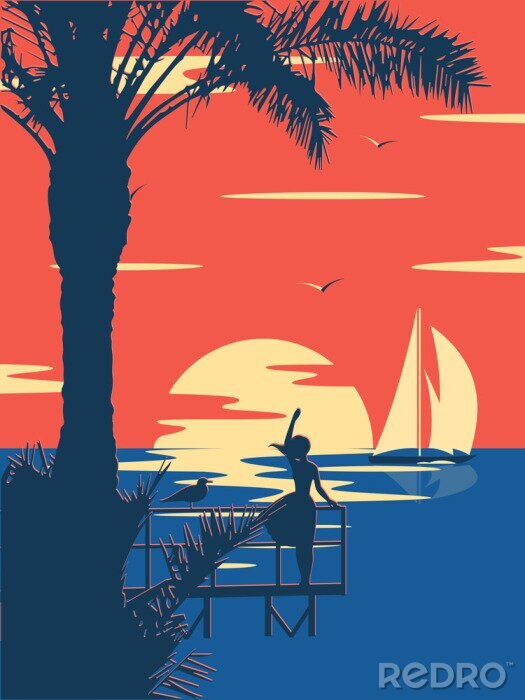 Poster Pastelkleurillustratie onder een palmboom