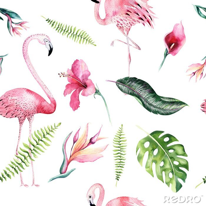 Poster Patroon in bloemen en bladeren van een enkele flamingo