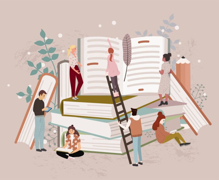 Poster People or students reading studying and preparing for examination sitting on stack of giant books or beside it. Set of book lovers, readers, modern literature fans. Flat cartoon vector illustration
