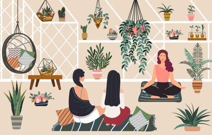 Poster People relax yoga and meditation in greenhouse hygge home, women siiting in scandinavian style room with green plants relaxing flat vector illustration. Relaxation in greenery home garden.