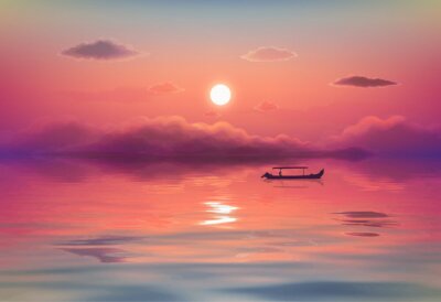 Pink ocean sunset vector illustration with black lonely fishing boat silhouette, purple clouds and reflection in calm wavy water