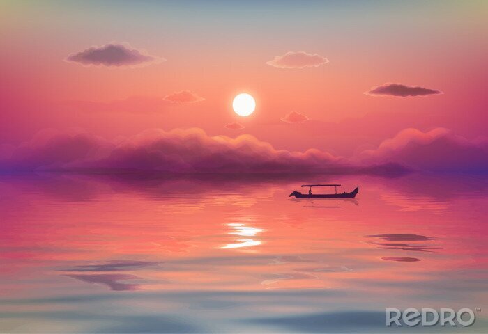 Poster Pink ocean sunset vector illustration with black lonely fishing boat silhouette, purple clouds and reflection in calm wavy water