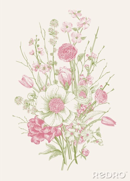 Poster Pioenrozen en bloemen in een lenteboeket