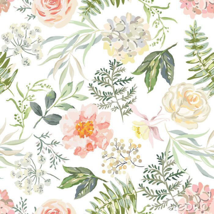 Poster Pioenrozen omgeven door bloemen en bladeren