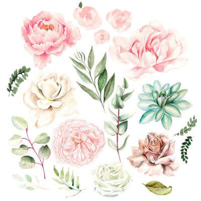 Poster Pioenrozen, rozen en eucalyptus romantisch naadloos patroon