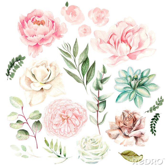 Poster Pioenrozen, rozen en eucalyptus romantisch naadloos patroon