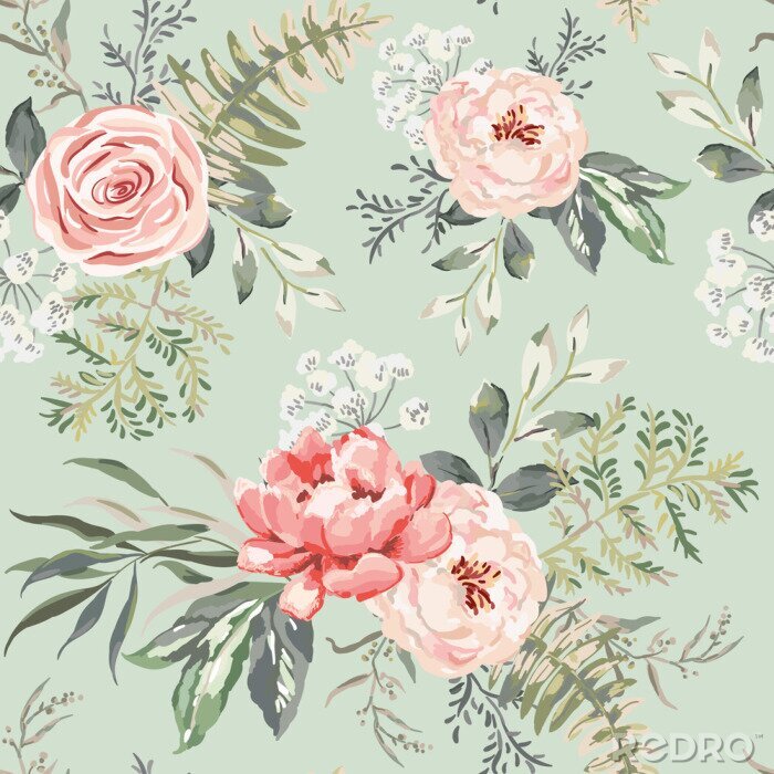 Poster Pioenrozen rozen en varens aquarel schilderij