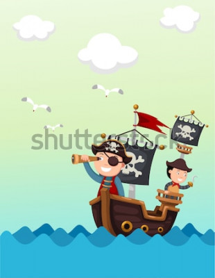Poster Piraten op zee die door een verrekijker kijken