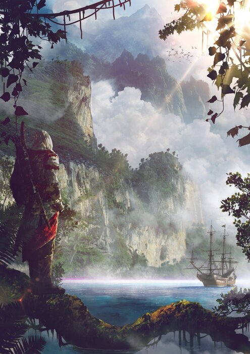 Poster Piratenschip op de achtergrond van het landschap