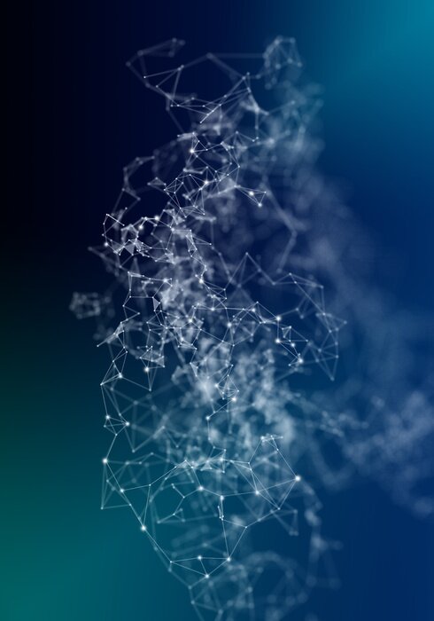 Poster Plexus lines, dots and light beams with light points. Abstract technology, science and engineering background. Depth of field settings. 3D rendering.