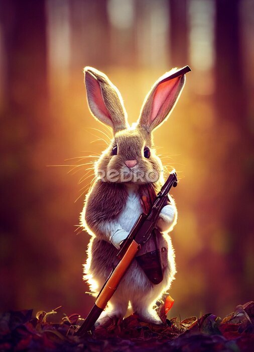 Poster Pluizige jager met een geweer in het bos (op de afbeelding is een abstract concept van een konijn met een geweer)
