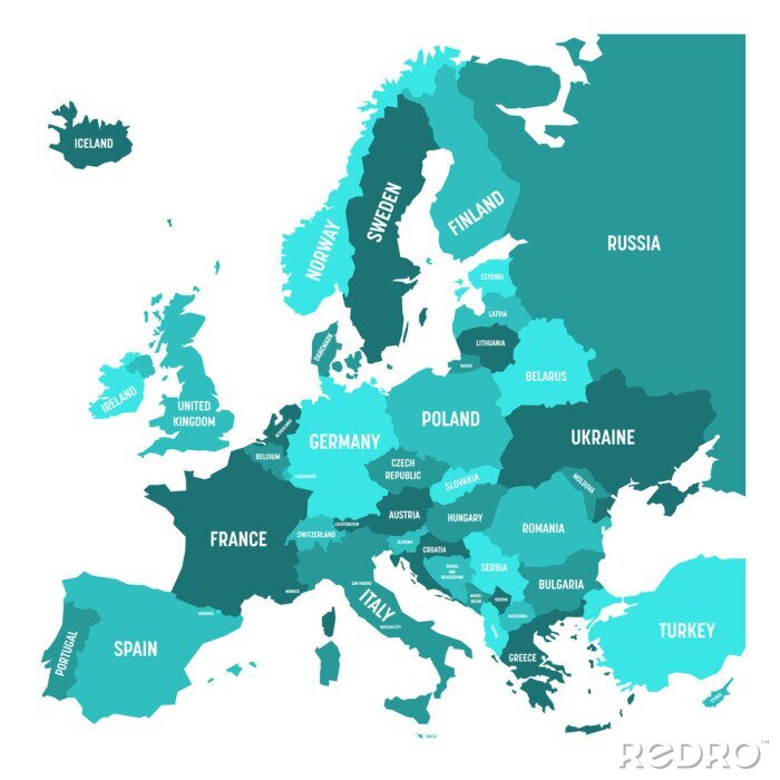 Poster Politieke kaart van het continent van Europa in vier tinten van turkoois blauw met witte land naam labels en geïsoleerd op een witte achtergrond. Vector illustratie.