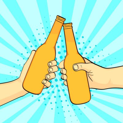 Pop art background, summer color. Two friends knock a bottle of beer. Two beers. Imitation comic style. Raster