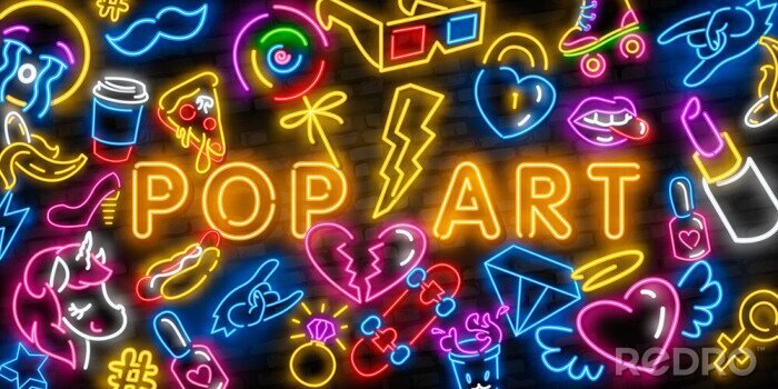 Poster Pop art icons set. Pop art neon sign. Bright signboard, light banner. Neon isolated icon, emblem. Heart, diamond, pizza, smile, hand, ice cream, star, donut and unicorn vector neon icon