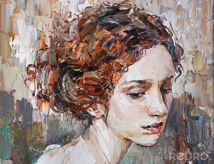 Poster Portrait of a young, dreamy girl with curly brown hair. Oil painting on canvas.