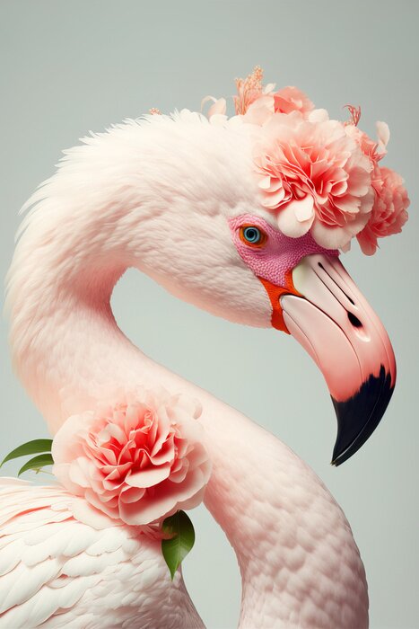 Poster Portret van een flamingo met bloemen